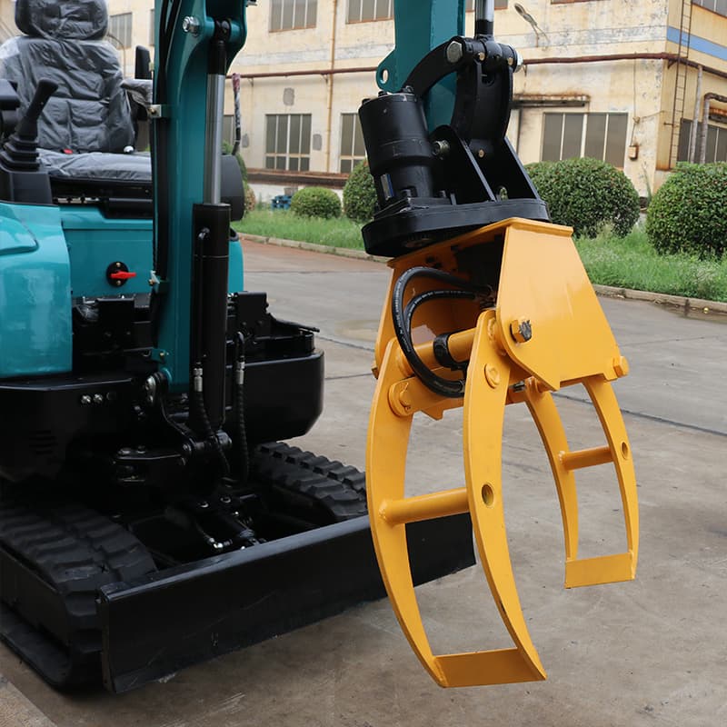 Rotating log grapple mounted on compact excavator